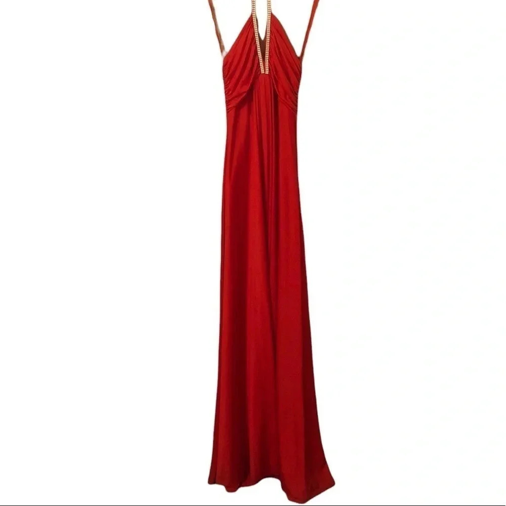 Vintage 70s red halter rhinestone valentines maxi dress Old Hollywood